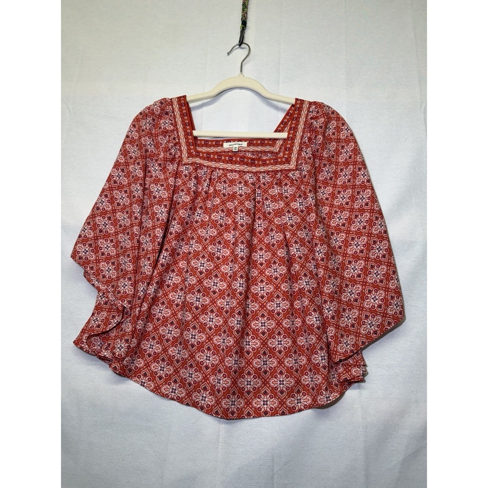 Max Studio Red Geometric Pattern Blouse Square Neckline And Dolman Sleeves XS
